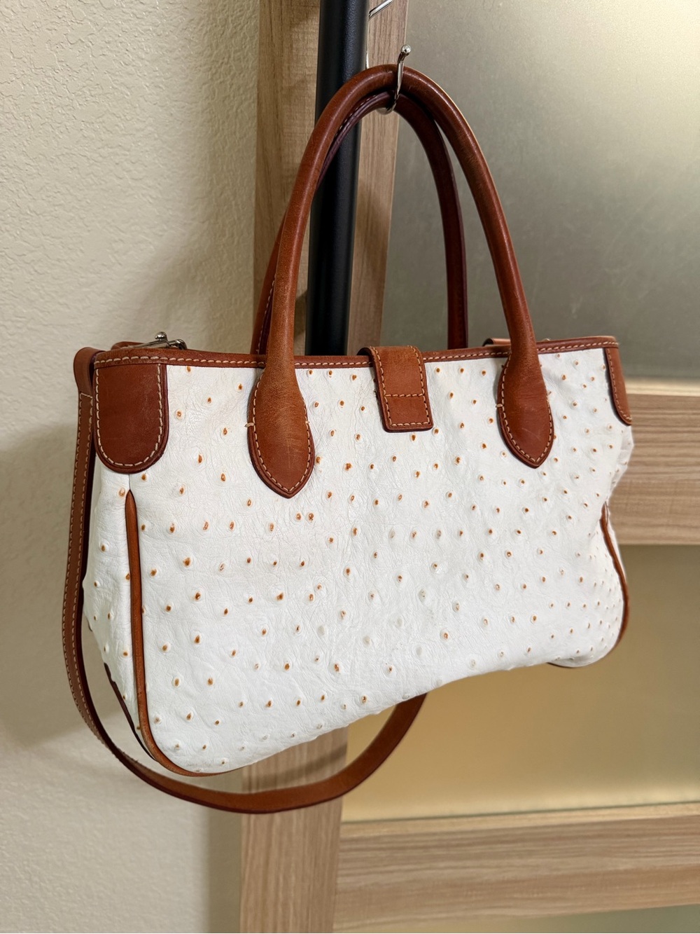 Dooney & Bourke White Ostrich-Texture Satchel with Brown Leather Trim - Picture 2 of 7